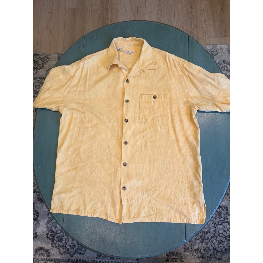 Enro Soie Silk Mens Large Yellow Jacquard Short Sleeve Button Up Camp Shirt L